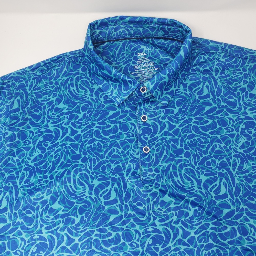 Performance Polo Mens 2XL Abstract Swirl Blue Green Short Sleeve Golf Shirt